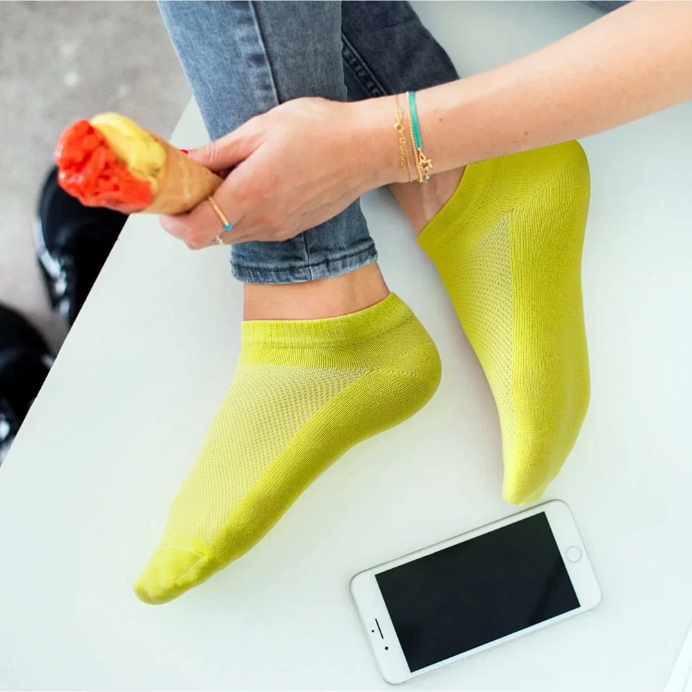Yellow Thin Breathable Cotton Low Cut Ankle Running socks for Women Men, 4 Pack